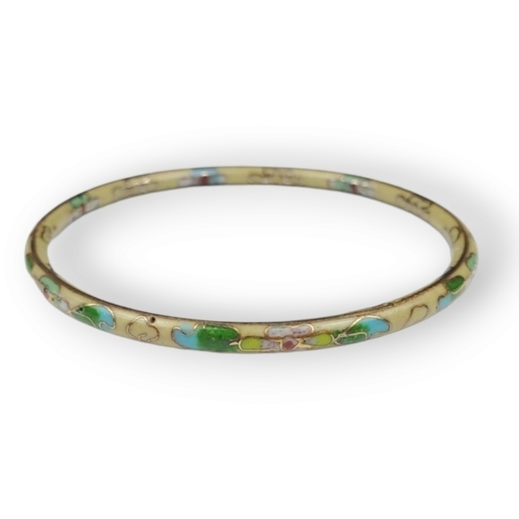 Vintage Cloisonne Bangle Bracelet Floral Cherry Blossom Multicolor Enamel Brass - Picture 3 of 6
